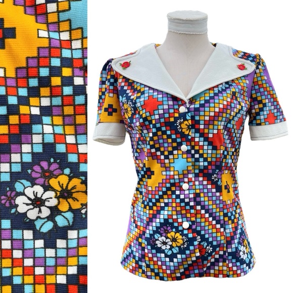 Vintage Tops - Vintage 60s Mod Colorful Floral Geometric Wide Collar Button Up Shirt